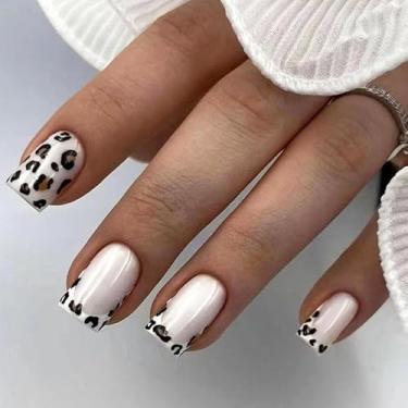 Imagem de Kit de unhas de pressão quadradas médias com estampa de leopardo francês com design aurora acrílico artificial, prensas falsas, cobertura total, para mulheres, uso diário, manicure de casamento, 24