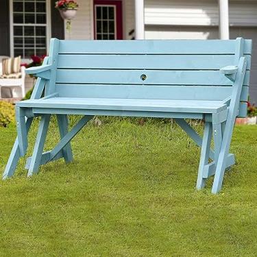 Imagem de Banco de jardim dobrável ao ar livre, banco de parque de madeira com mesa, banco de pátio de uso duplo, cadeira de namoradeira com encosto e apoio de braço, para piquenique acampamento assento de