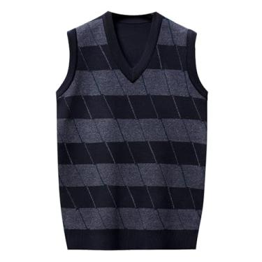 Imagem de Pulôver masculino xadrez de malha coletes de cor sólida suéter colete gola V borda canelada pulôver suéteres, Azul-escuro, 4G