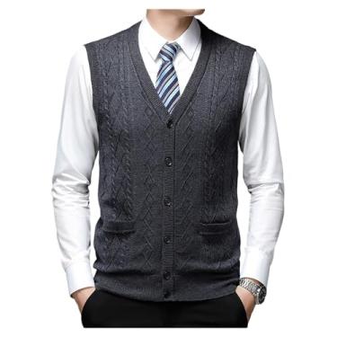 Imagem de Cardigã masculino tricotado losango botão bolso colete jacquard sem mangas cardigã de negócios, Cinza escuro, XG