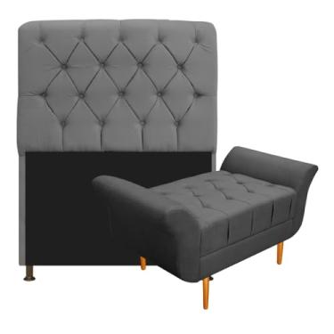 Imagem de Kit Cabeceira Estofado Lady e Recamier Ari 90 cm Solteiro Suede Cinza - Amarena Móveis
