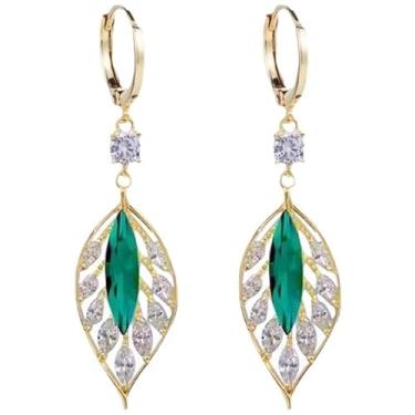 Imagem de DIAMANTIO Brincos de folha folheados a ouro 18 K com cristal verde esmeralda – brincos pendentes elegantes para mulheres com zircônia cúbica cintilante, Large, Latão, Zircônia cúbica
