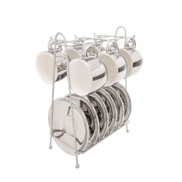 Imagem de Conjunto de Xícara de Café 6 Peças de Porcelana com Suporte Versa Prata/Branco 90 ml Wolff