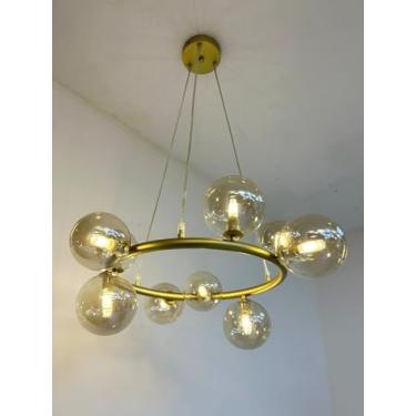 Imagem de Luminária Pendente Moderna Redonda 40cm Dourada com 9 Vidros 10cm Cognac Bocal G9 - GL0658