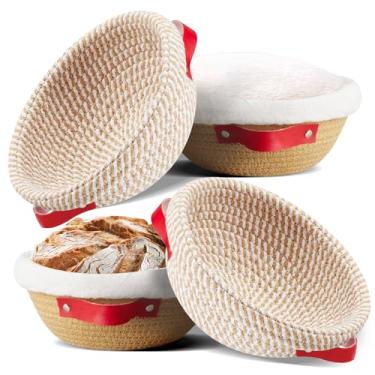 Imagem de Cesta de algodão Banneton à prova de pão de 22,5 cm com corda de algodão, conjunto de 4 suprimentos para assar pão de fermento com forro e capa de pano, presentes para padeiros