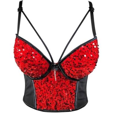 Imagem de Espartilho Plus Size S-3xl Sexy Oco Para Fora Mulheres Espartilho Lady Bralette Menina Cinta Do Partido Push Up Bustier Top Sutiã Feminino, Red Sequins, L 38
