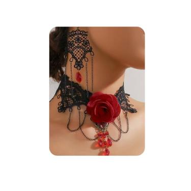 Imagem de Kercisbeauty Gargantilha gargantilha de renda preta de flor de rosa vermelha gótica com brincos pendentes para festa de Halloween feminina com tema vitoriano conjunto de joias