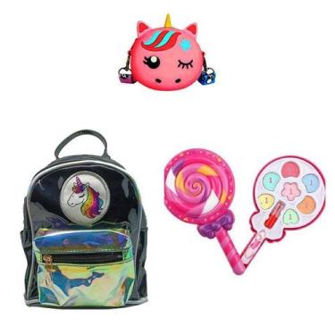 Imagem de Mochila Preta Unicórnio, Bolsa e Maquiagem Pirulito Infantil - BD Net