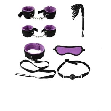 Imagem de Kit Fantasia Luxo Couro Máscara Chicote Algema 6 Peças Único Preto-roxo