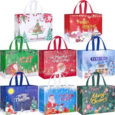 Imagem de RICEDUO Pacote com 8 sacos grandes de presente de Natal – Sacos reutilizáveis de presente de Natal não tecido com alças, desenhos festivos de Papai Noel/boneco de neve/árvore para suprimentos de festa