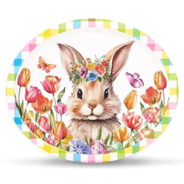 Imagem de JarThenaAMCS 50 peças de pratos ovais de papel de Páscoa, pratos florais de coelho fofo, grandes pratos descartáveis em xadrez pastel para festa de primavera, suprimentos de mesa, 25,4 x 30,5 cm