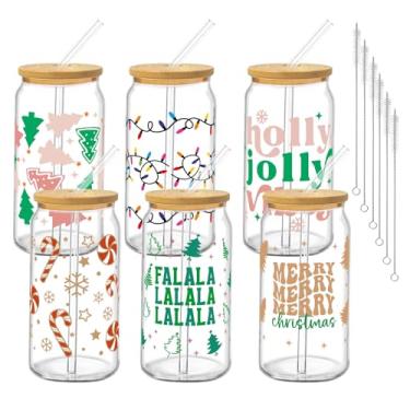 Imagem de Culudea 6 peças de copos de Natal com tampas e canudos, árvore de gengibre de 473 ml, bengala doce, feriado, floco de neve, leve, em forma de lata, conjunto de copos de cerveja para mulheres e