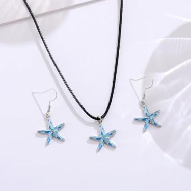 Imagem de Conjunto de joias para mulheres moda azul design em forma de estrela do mar colar e brincos pendentes de gota feito à mão praia casamento joias presente