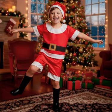 Imagem de Fantasia Natal Infantil pra Menino Roupa do Papai Noel Kit 3 Peças com Camisa Bermuda e Gorro Aveludado (Vermelho, M 4-6)