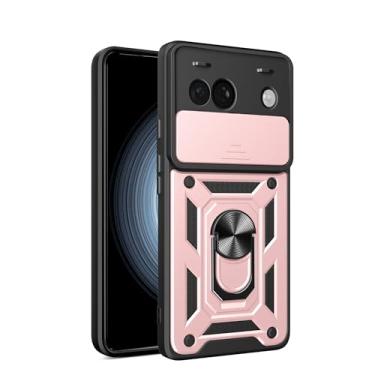 Imagem de RKINC Capa para Google Pixel 8A com capa deslizante para câmera e suporte de anel girado, grau militar, à prova de choque, com suporte magnético para carro, ouro rosa