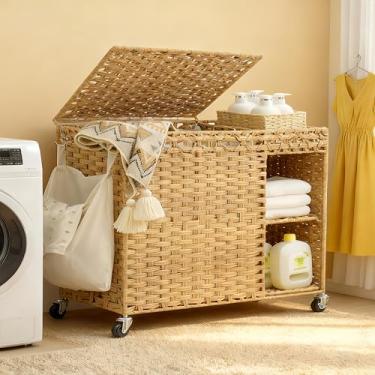Imagem de Heybly Cesto de roupa suja com rodas, cesto de roupa suja de vime de vime 180L com tampa, cesto de roupa de 3 seções tecido à mão com forro removível (47,6 gal), classificador de roupas com bolso