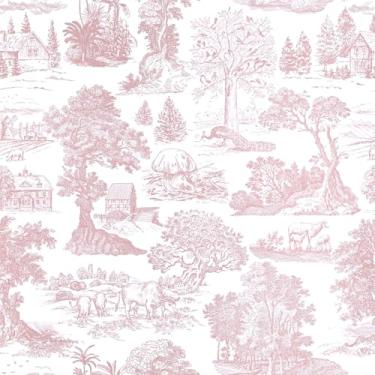 Imagem de Abyssaly Papel de parede Toile Peel and Stick floral rosa e branco francês país vintage animais papel de contato autoadesivo para decoração de armários de banheiro de quarto, 43 cm × 38 cm