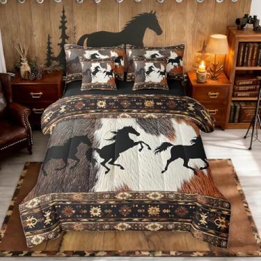 Imagem de Erosebridal Jogo de cama king size de cavalo em uma bolsa, conjunto de cama asteca geométrico, animais de fazenda, com edredom e cama de caubói, decoração de casa rústica ocidental