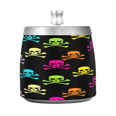Imagem de Qilmy Cinzeiro de aço inoxidável de caveira colorida de Halloween com tampa - Cinzeiro de cigarro à prova de vento sem cheiro sem fumaça para casa, escritório, carro, pátio, varanda (uso interno e