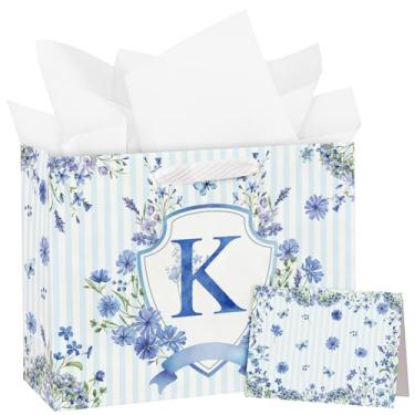 Imagem de WRAPAHOLIC Saco grande de presente de aniversário do alfabeto de 33 cm com cartão e papel de seda - Letra K e sacos de papel com emblema floral listrado azul para meninas, aniversário, chá de bebê