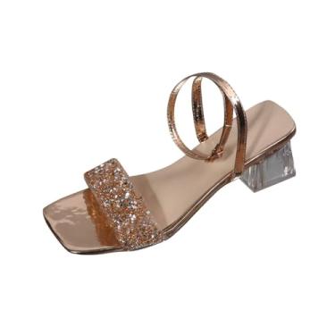 Imagem de Sandálias femininas estilo verão plus size cristal bico quadrado tira reta salto médio salto grosso casual design confortável, Caqui, 39