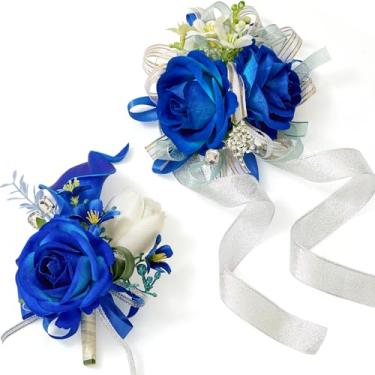 Imagem de Serwalin Conjunto de corpete azul e flor na lapela, flor de pulso artificial de lírio de calla rosa, corpete na lapela para formatura, baile, casamento, acessórios de flores para festas e decorações