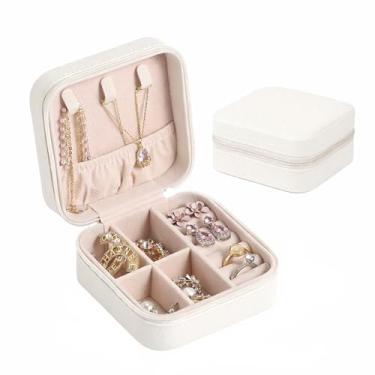 Imagem de Pequena caixa de joias de viagem – Mini caixa de joias de couro PU rosa com forro de veludo macio, organizador de joias de viagem portátil para anéis, brincos, colares (branco)