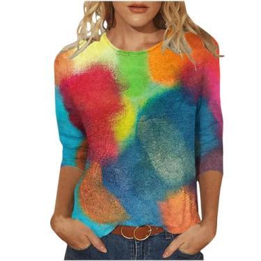 Imagem de Camisas de manga 3/4 para mulheres, verão, outono, gola redonda, colorida, caimento solto, blusas longas tie dye, blusas femininas 2024, R-696 multicolorido, XXG