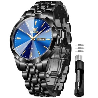 Imagem de OLEVS Relógio de pulso analógico masculino moderno com aço inoxidável/à prova d'água/rosto grande/luminoso, 3615: preto e azul