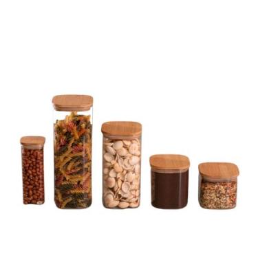 Imagem de Kit de Pote Hermético de Vidro Quadrado com Tampa de Bambu 5 Peças - O