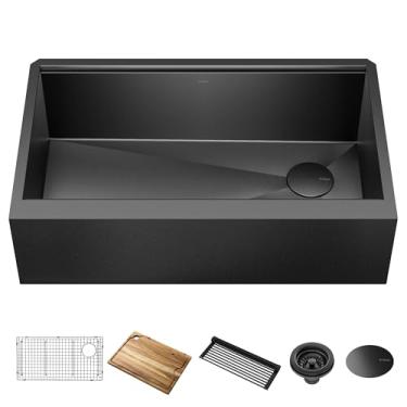 Imagem de Kraus Kore Estação de trabalho de fazenda de 83 cm com escorredor de pratos na pia, aço inoxidável, acabamento de metal, KWF410-33/PGM