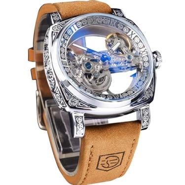Imagem de FORSINING Relógio mecânico masculino de luxo quadrado, totem retrô, dupla face, esqueleto oco automático, pulseira de couro vintage Reloj para Hombre, Prata - marrom