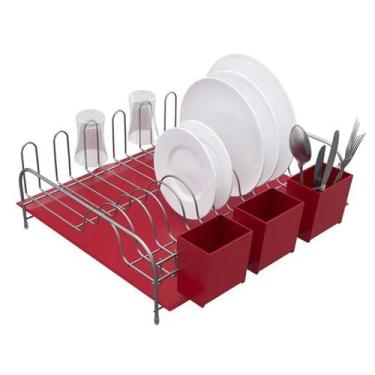 Imagem de Escorredor De Louça Pratos Com Bandeja E Porta Talheres Pia Vermelho -