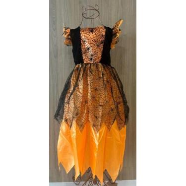 Imagem de Vestido Fantasia Infantil Juvenil de Halloween Dia Das Bruxa Laranja e