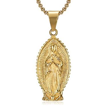 Imagem de Lee Island Fashion Colar feminino com pingente de medalha milagrosa cristã da Virgem Maria banhado a ouro 18 K, corrente de 50 cm, amuleto religioso de Bento Nossa Senhora de Guadalupe, presente