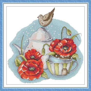 Imagem de CaptainCrafts Kits de ponto cruz para adultos com ponto de cruz contado, tecidos não impressos, artesanato para decoração de casa (contado 14 quilates, a história das flores)