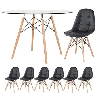 Imagem de Mesa Eames Com Tampo De Vidro 120 Cm + 6 Cadeiras Estofadas Eiffel Botonê Preto