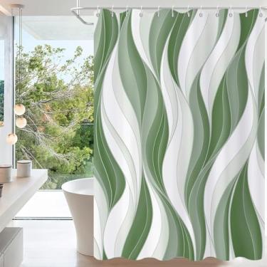 Imagem de Caheansi Cortina de chuveiro verde sálvia, moderna abstrata verde branca ombré listrada arte minimalista cortina de banheiro tecido impermeável lavável na máquina com ganchos, 122 cm L x 72 C