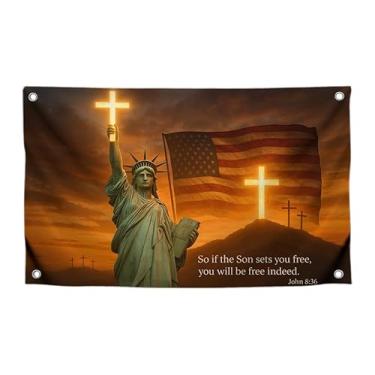 Imagem de Bandeira da liberdade com citação "So If the Son Sets You Free You Will Be Free Indeed" com 4 argolas de latão - Bandeiras de poliéster Jesus para quarto - Faixa de lado único para dormitório