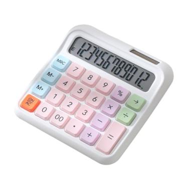 Imagem de Calculadora de desktop 12 dígitos LCD LCD Exibir grande botão de teclado mecânico Bateria solar operado para estuntes de escritório em casa, gradiente de contadores rosa verde (Branco)