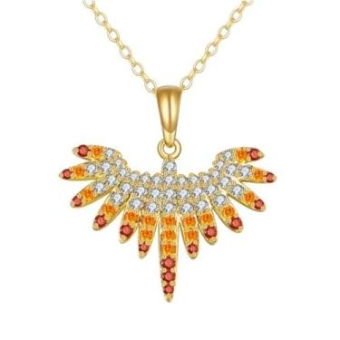 Imagem de DIAMANTIO Colar com pingente de asa de anjo banhado a ouro 18 K – joia feminina de zircônia cúbica laranja e branca
