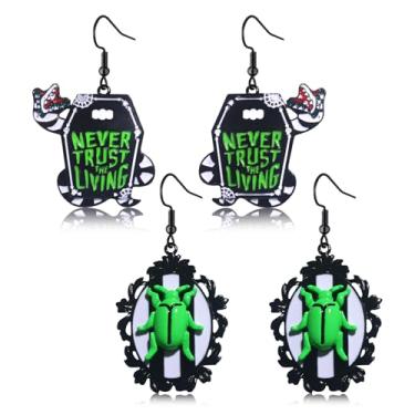 Imagem de CENAPOG Conjunto de 2 pares de brincos de besouro, brincos de Halloween para mulheres, besouro, minhoca, brincos pendurados, joias góticas, acessórios para fãs de filmes de terror presentes, One Size