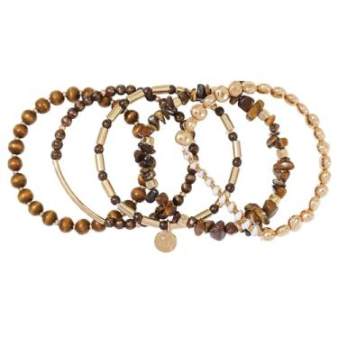 Imagem de Firstmeet Conjunto de pulseiras emagrecedoras turquesa boêmia, 5 peças, empilháveis, contas de madeira e pedra, joias retrô para férias, Medium, Pedra, Sem Pedra Preciosa