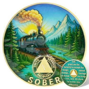 Imagem de Leafence Moeda AA Sobriety Alcoólicos Anônimos Chip de Recuperação com Oração Serenidade, Design de Trem e Montanha Medalhão de Token AA para Presente de Sobriedade do Programa de 12 Passos (Moeda de