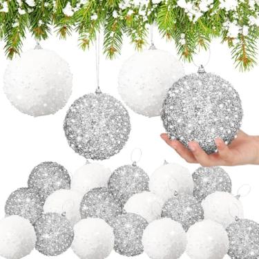Imagem de Lyrow Conjunto de 24 peças de enfeite de bola de Natal com glitter de 10 cm bola de Natal a granel de espuma de lantejoulas de Natal enfeite decorativo pendurado para decoração de festa na árvore