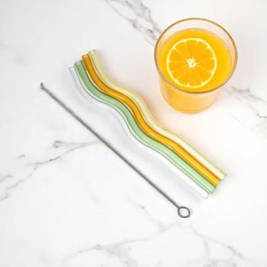 Imagem de Generic 1 conjunto de canudos, pacote com 4, canudos ondulados reutilizáveis com escova de limpeza, lavável à mão, vidro de borossilicato alto, branco, amarelo, marrom, verde, 20 x 0,8 cm