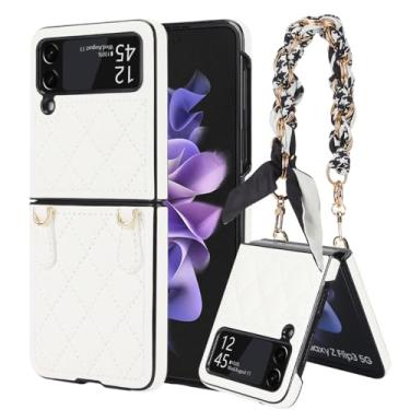 Imagem de Pulseira capa de couro para samsung galaxy z flip 4 3 5g flip4 flip3 lenço de seda corda alça de pulso capa fosca, branca, para samsung z flip 3