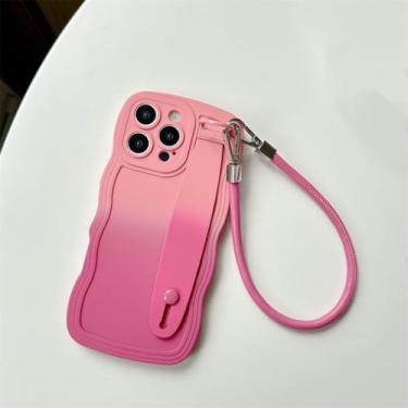 Imagem de Capa com alça de pulso gradiente de duas cores para iPhone 16, 15, 14, 13 Pro Max, 16e, 12, 11 X, Xr, Xs, 8, 7 Plus, SE Wave, capa com suporte para pulseira (para iPhone 16 Pro Max/RoseRedGW)