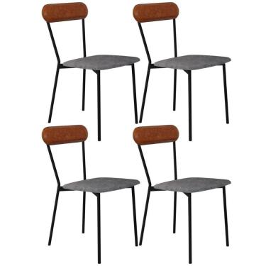 Imagem de Kit 04 Cadeiras Estofada Para Sala De Jantar Liora Preto C01 Linho Prata Courino Caramelo - Lyam Decor