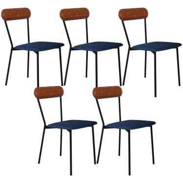 Imagem de Kit 05 Cadeiras Estofada Para Sala De Jantar Liora Preto C01 Linho Azul Courino Caramelo - Lyam Decor